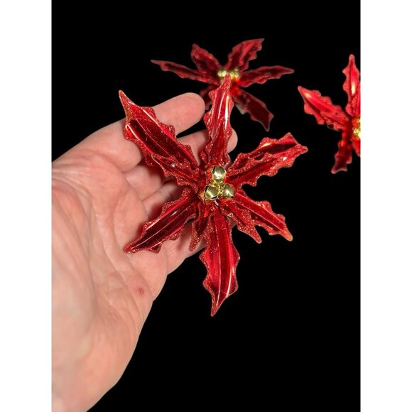 Vintage Poinsettia ClipOn Christmas Ornament Metallic Glitter w/ Jingle Bells 5” - Picture 6 of 7